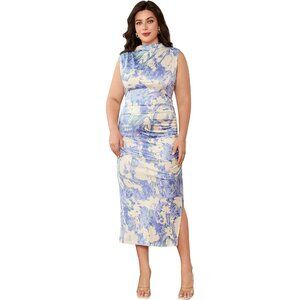 Women's Plus Size Floral Sleeveless Bodycon Midi Dress with Mock Neck